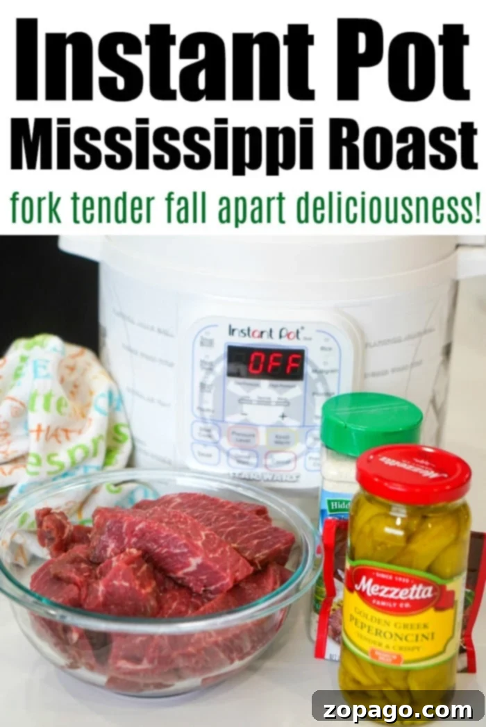 Instant Pot Mississippi Roast 3 Close-up of succulent Instant Pot Mississippi Roast with peppers