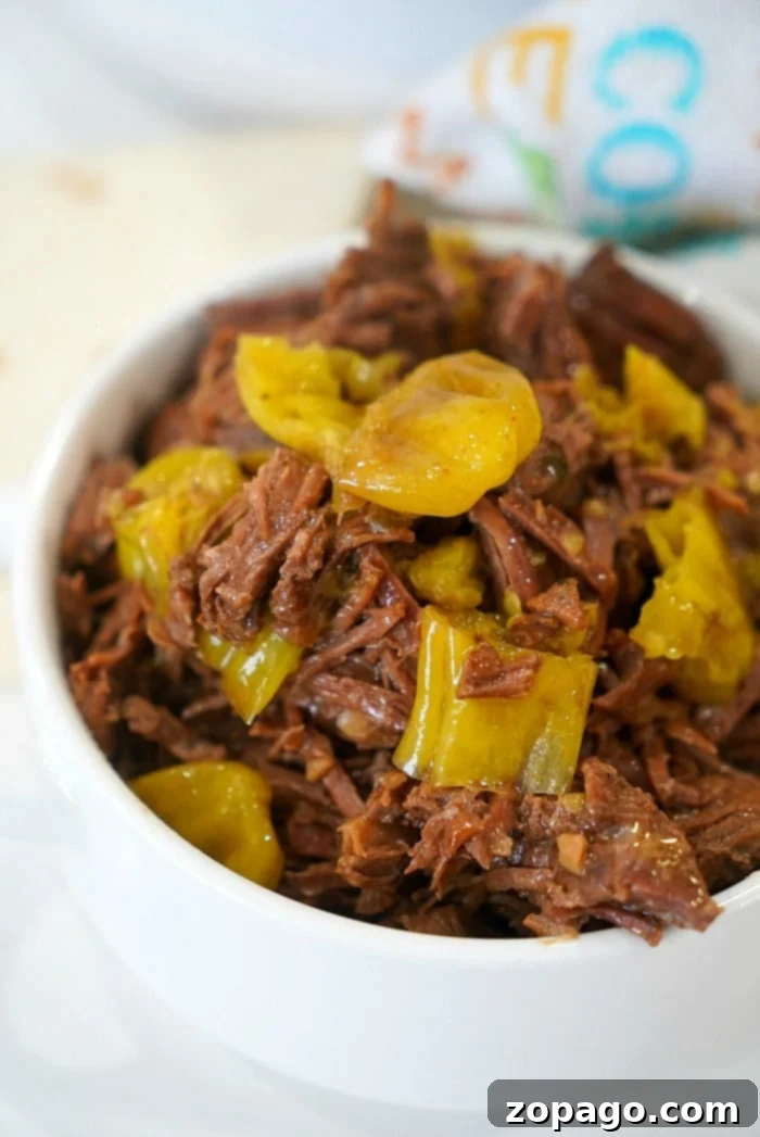 Instant Pot Mississippi Roast 6 A bowl of Instant Pot Mississippi Roast ready to be served