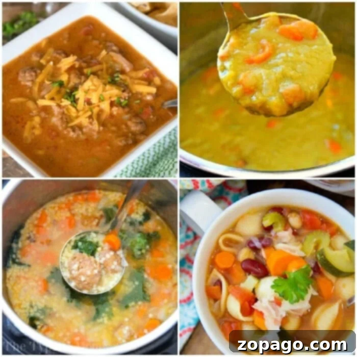 Mastering Delicious Soups in Your Ninja Foodi 2 Collage of four soups: chili, split pea, chicken vegetable, and minestrone in bowls with ladles, showcasing delicious ninja foodi soup recipes.