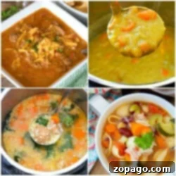 Collage of four soups: chili, split pea, chicken vegetable, and minestrone in bowls with ladles, showcasing delicious ninja foodi soup recipes.