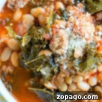 Mastering Delicious Soups in Your Ninja Foodi 9 A bowl of pressure cooker sausage soup with white beans, kale, tomato broth, and grated cheese on top.