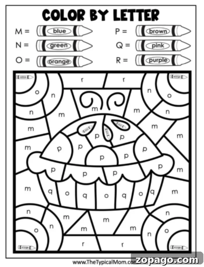 Fun & Free Thanksgiving Color by Number Sheets 4 Enjoy this fun Thanksgiving color-by-letter activity sheet featuring a festive cupcake! This engaging printable helps young children with letter recognition. The clear color key at the top indicates which color corresponds to each letter: M = blue, O = green, N = orange, P = brown, Q = pink, R = purple. Sections of the cupcake are marked with corresponding letters, guiding kids to create a vibrant holiday masterpiece while learning.