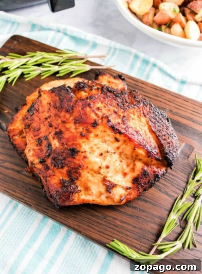 Crispy Air-Fried Turkey Breast 2 air fryer boneless turkey breast with a crispy exterior rests on a wooden board, adorned with sprigs of rosemary. In the background, an air fryer turkey breast and a bowl of roasted potatoes sit charmingly on a striped cloth.