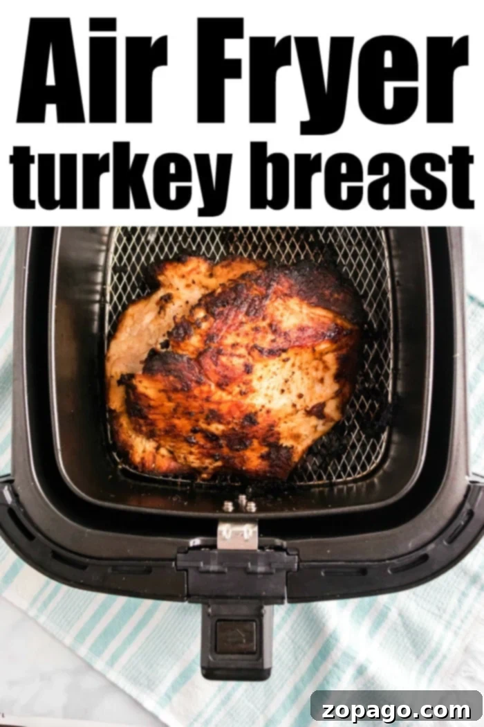 Crispy Air-Fried Turkey Breast 8 An overhead view captures a savory air fryer turkey breast, perfectly browned and seasoned, resting on a checkered towel. The text above proudly declares "Air Fryer Turkey Breast.
