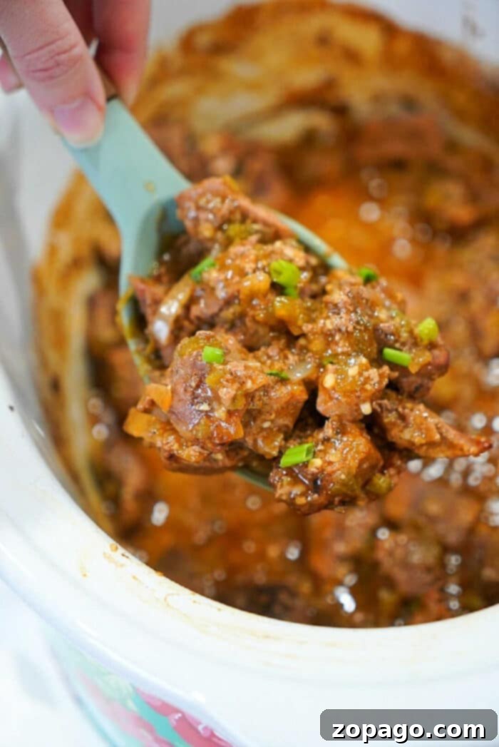 Ultimate Slow Cooker Pork Carnitas 2 A spoonful of slow cooker pork carnitas stew with vegetables being lifted from a crockpot.