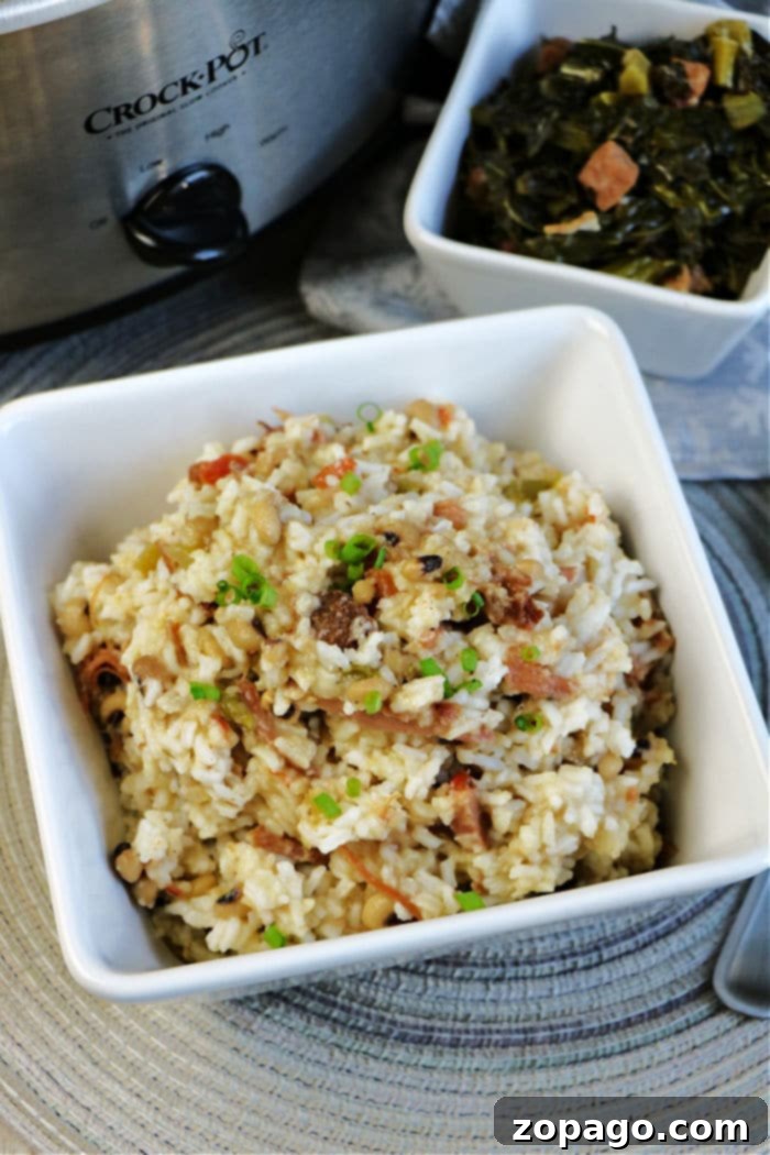 Effortless Slow Cooker Hoppin John 8 A large pot of Slow Cooker Hoppin' John, ready for serving