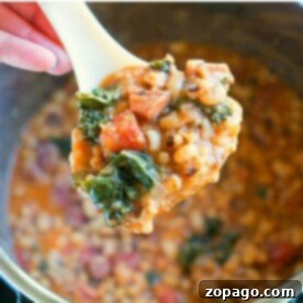 A spoonful of hearty slow cooker stew brimming with beans, greens, and tomatoes, reminiscent of a cozy bowl of hoppin' john.