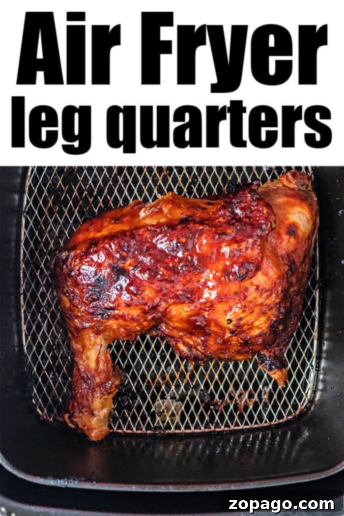 Three perfectly cooked Air Fryer Chicken Quarters arranged on a plate.