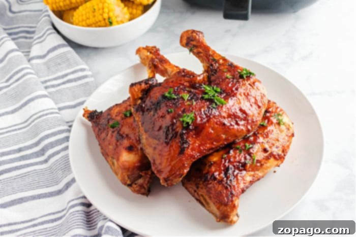 A plate of golden-brown Air Fryer Chicken, possibly leg quarters or thighs.