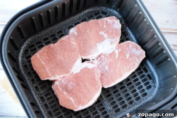 No Thaw Air Fryer Pork Chops 4 Frozen pork chops, ready to be cooked in an air fryer.