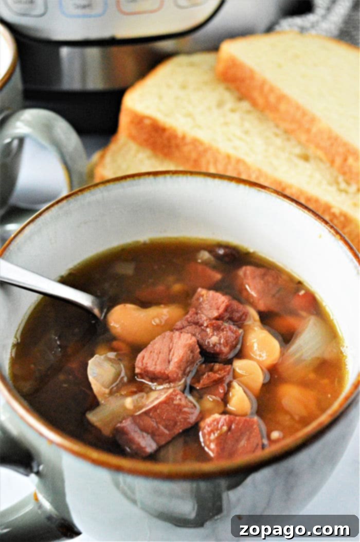 Hearty Instant Pot 15 Bean Soup 2 A steaming bowl of Instant Pot 15 Bean Soup, showcasing its rich texture and diverse bean varieties.