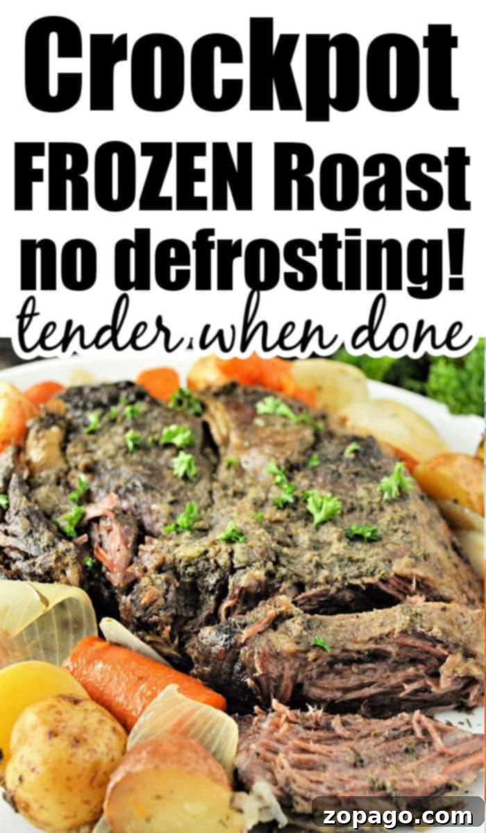 Slow Cooker Frozen Roast 13 Crockpot frozen roast, a close-up of a large piece of roast beef in a slow cooker.