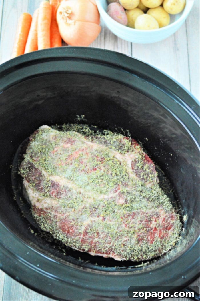 Slow Cooker Frozen Roast 9 Frozen Roast in Crockpot, a perfectly cooked and shredded roast with vegetables, ready for serving.