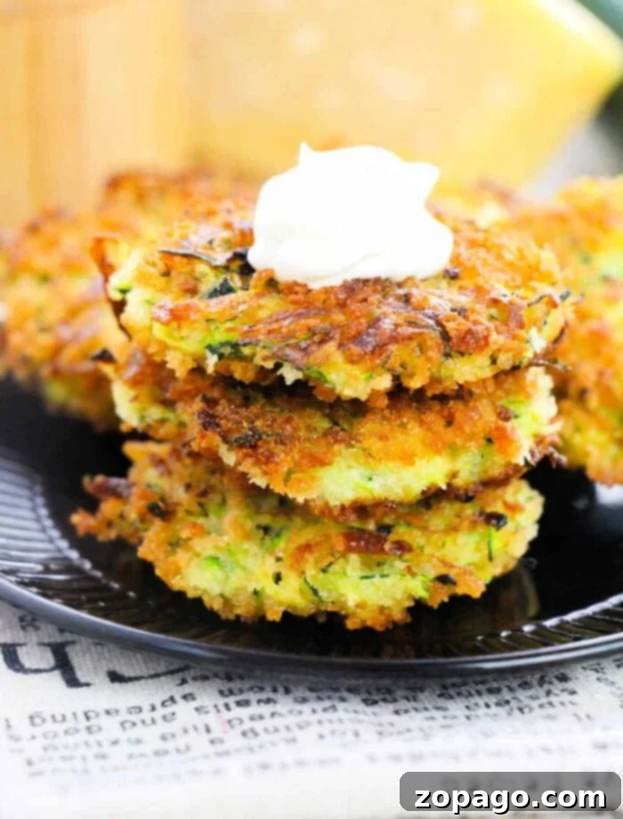Crispy Air Fryer Zucchini Fritters 2 Crispy Air Fryer Zucchini Fritters piled high on a plate, ready to be served.