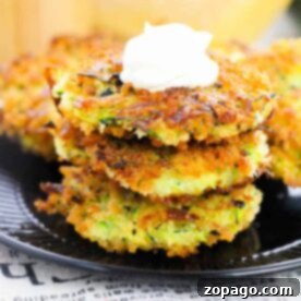 A stack of air fryer zucchini fritters topped with sour cream sits elegantly on a black plate.