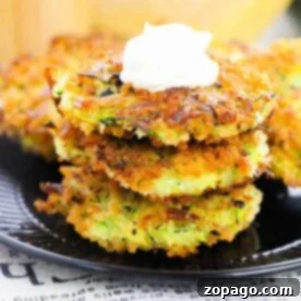 A stack of air fryer zucchini fritters topped with sour cream sits elegantly on a black plate.