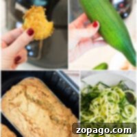 Crispy Air Fryer Zucchini Ideas 4 Collage: Fried zucchini slice, whole zucchini, zucchini bread in pan, and air fryer zucchini noodles on a plate.