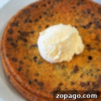 A delicious chocolate chip cookie cake, reminiscent of a freshly baked pizookie, perfectly paired with a scoop of vanilla ice cream on a pristine white plate. Try your hand at creating this treat effortlessly in an air fryer for that perfect golden edge.