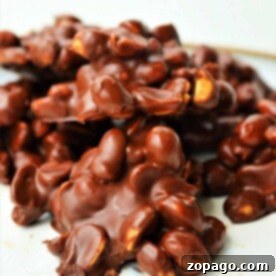 A delightful mound of crockpot chocolate candy sits on a white surface, revealing clusters of nuts beneath the smooth coating.
