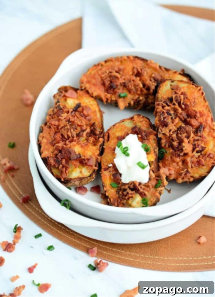 Crispy Air Fryer Potato Skins 2 Air fryer loaded potato skins, golden brown and filled with cheese and bacon