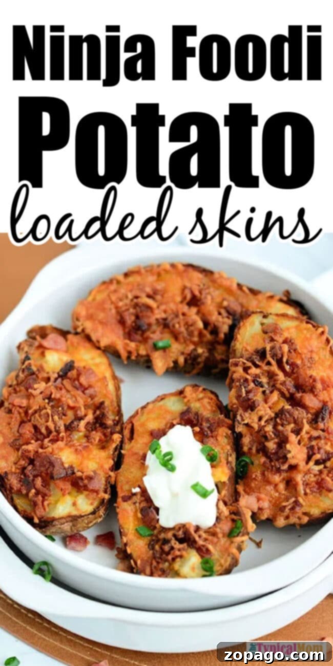 Crispy Air Fryer Potato Skins 10 Ninja Foodi potato skins with a close-up of the crispy edges and melted cheese