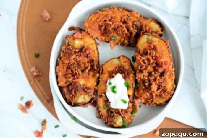 Crispy Air Fryer Potato Skins 7 Close-up of double stuffed potatoes with crispy bacon and melted cheese