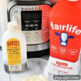 On the countertop, an Instant Pot rests beside a bottle of vanilla extract and a carton of Fairlife milk, ready to transform ingredients into creamy pressure cooker yogurt, all conveniently prepared in a bowl.