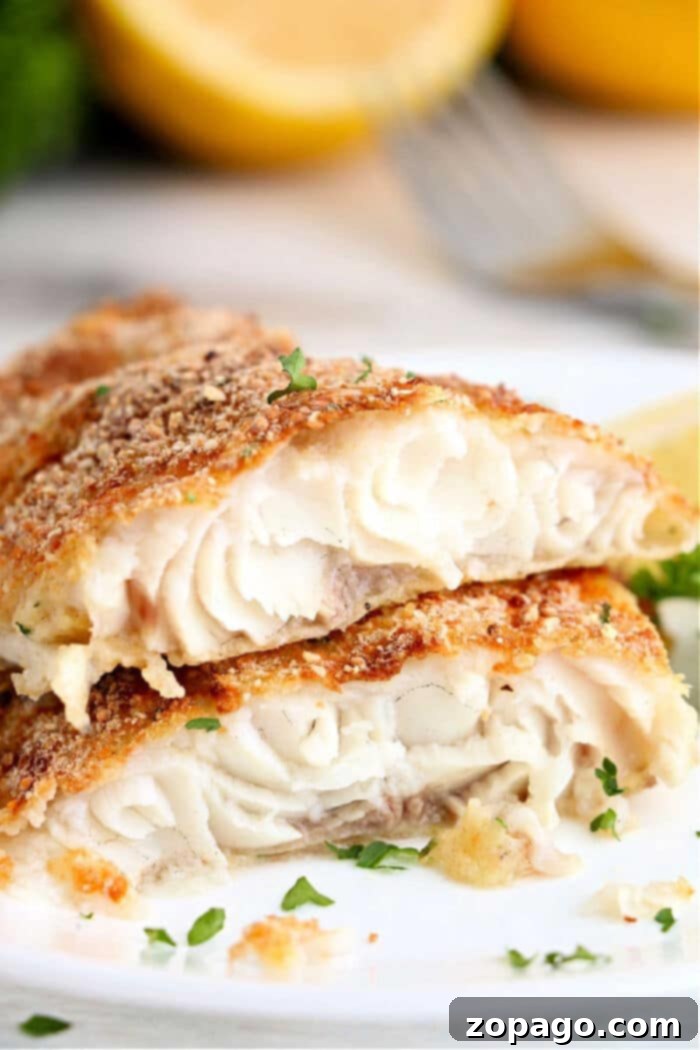 Cornmeal-Free Air Fryer Catfish 2 Two crispy, golden-brown air fryer catfish fillets stacked on a plate, garnished with chopped herbs.