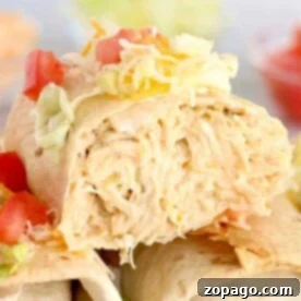 Crispy Air Fryer Chicken Chimichangas 11 Close-up of air fryer chimichangas filled with shredded chicken, topped with cheese, lettuce, and diced tomatoes.
