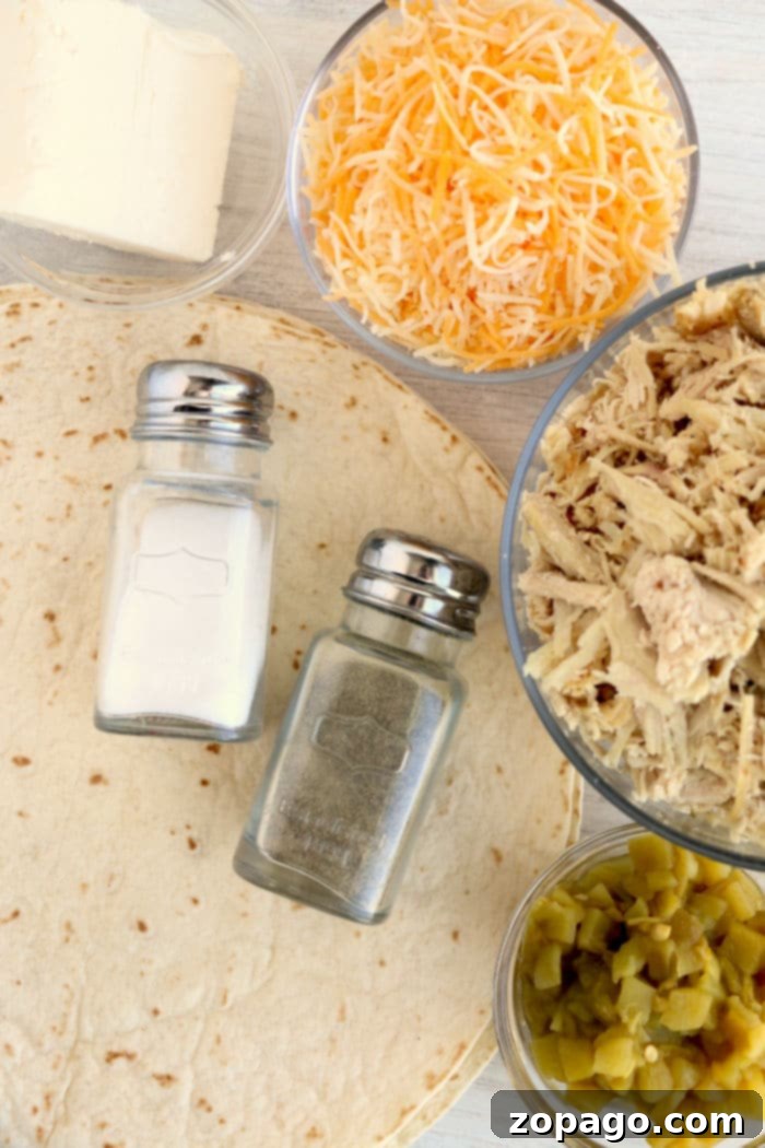Crispy Air Fryer Chicken Chimichangas 4 Ingredients for air fryer chimichangas: tortilla, shredded cheese, shredded chicken, jalapeños, butter, salt, and pepper.