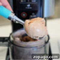 Ninja Creami Master Your Own Sweet Treats 9 Close-up of a hand holding a blue-handled ice cream scoop with a scoop of chocolate ice cream in front of a Ninja Creami ice cream machine.
