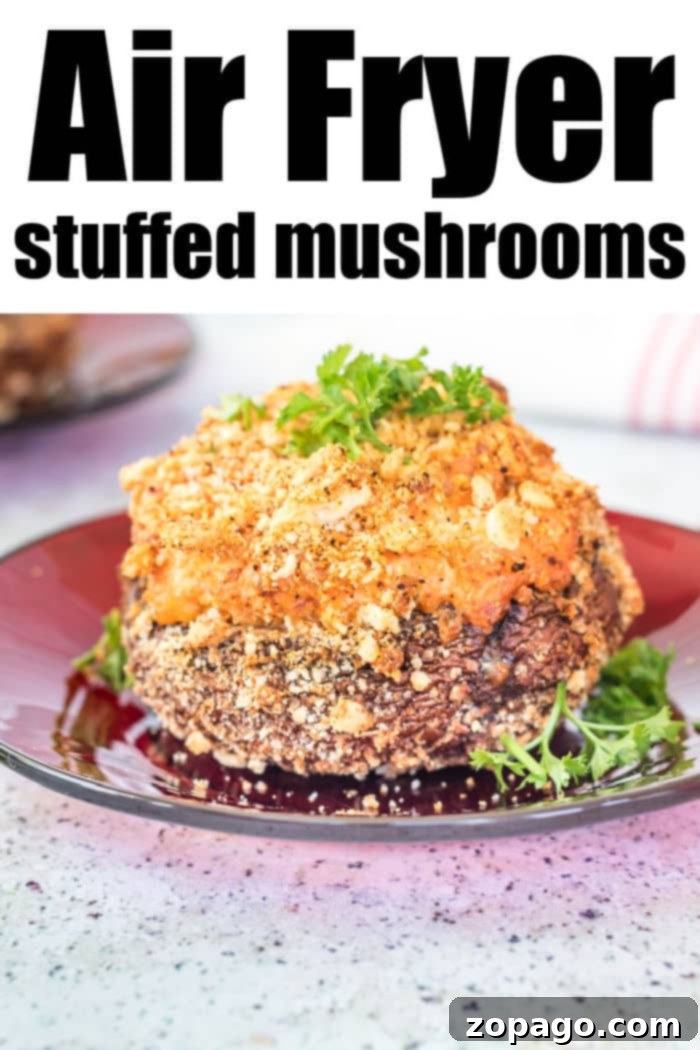 Effortless Air Fryer Stuffed Mushrooms 10 A top-down view of beautifully air fried stuffed mushrooms arranged on a rustic plate.
