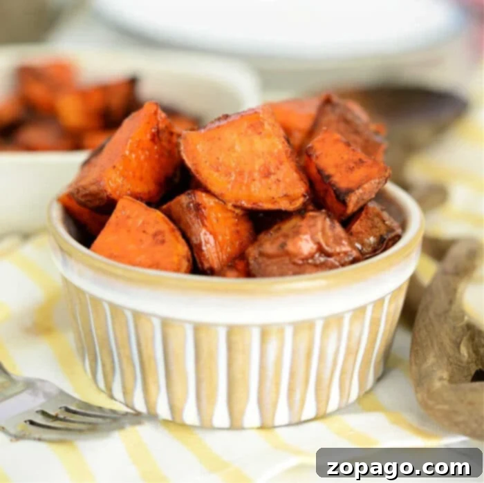 Crispy Air Fryer Sweet Potatoes 2 A bowl of golden-brown, roasted sweet potato cubes, cooked to perfection in an air fryer, rests on a striped cloth with a fork nearby, inviting a taste.