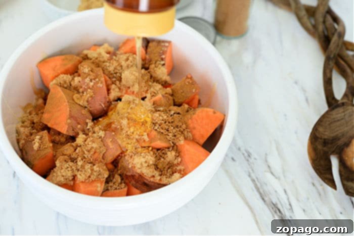 Crispy Air Fryer Sweet Potatoes 6 Sweet potato cubes coated with seasoning, arranged in a single layer inside an air fryer basket, ready for cooking.