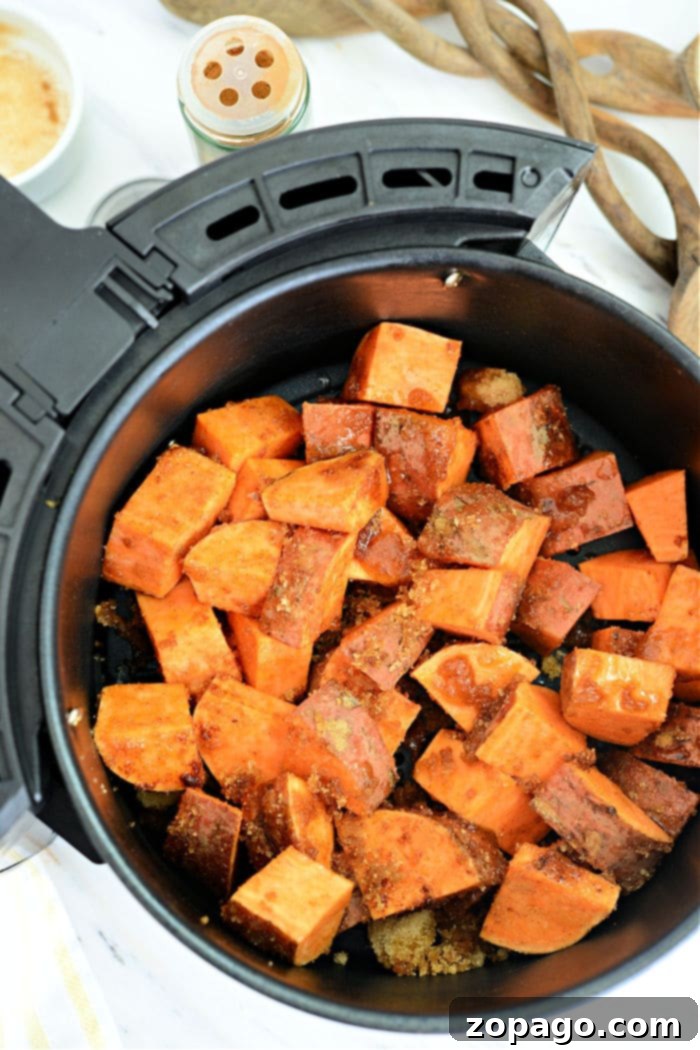 Crispy Air Fryer Sweet Potatoes 7 A serving of air fryer sweet potato wedges, golden and crispy, garnished with fresh herbs, ready to be enjoyed.