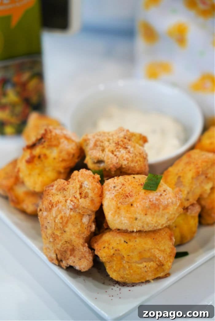 Golden brown crispy air fryer fish nuggets served with a dipping sauce.