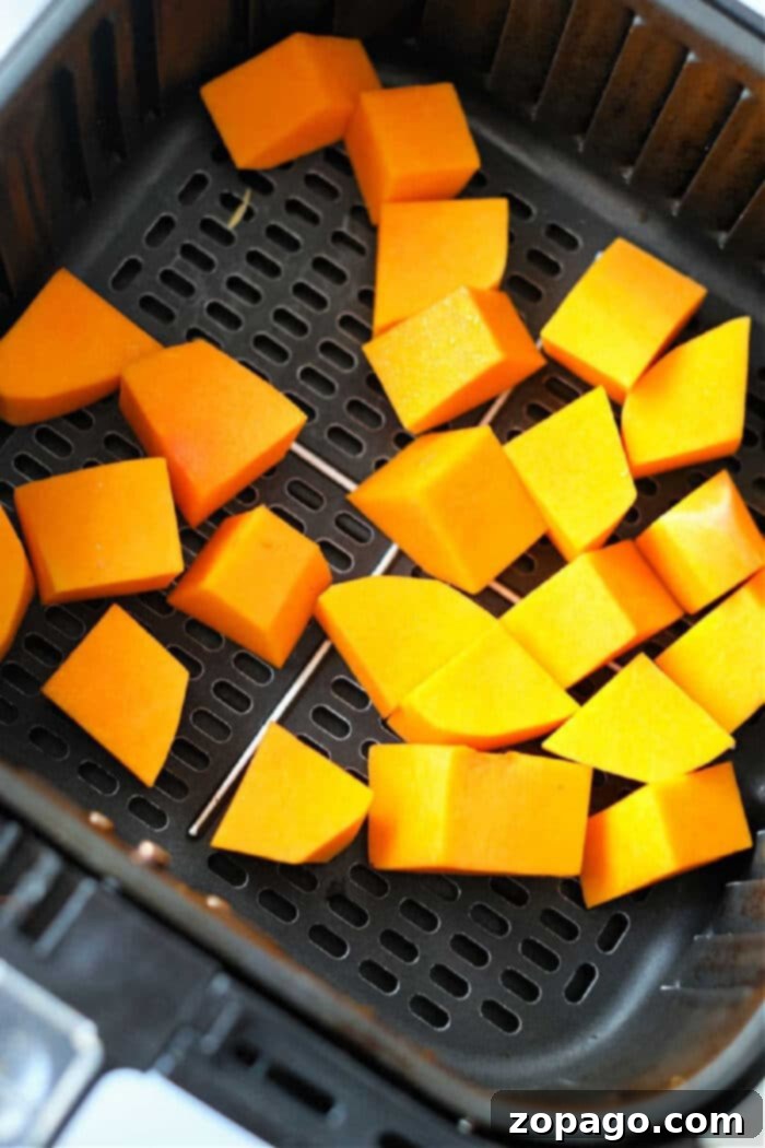 Crispy Air Fryer Butternut Squash 4 Air fryer butternut squash cubes sit in the basket, perfectly prepped and ready to roast.