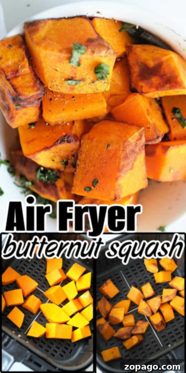 Crispy Air Fryer Butternut Squash 7 Air fryer butternut squash, cut into cubes and topped with fresh herbs, shown before and after crisping to perfection.