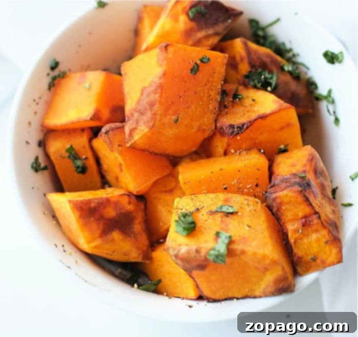 Crispy Air Fryer Butternut Squash 9 A bowl of freshly air-fried butternut squash cubes, seasoned and ready to eat.