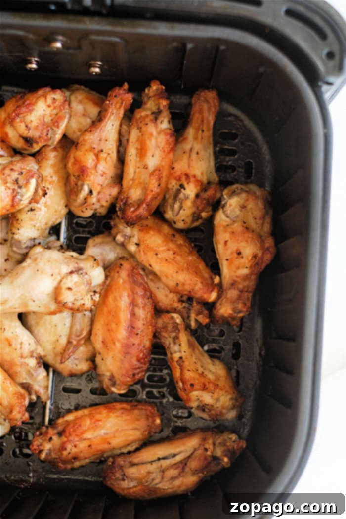 Savor the zest of lemon pepper chicken wings cooked to crispy perfection inside an air fryer basket.