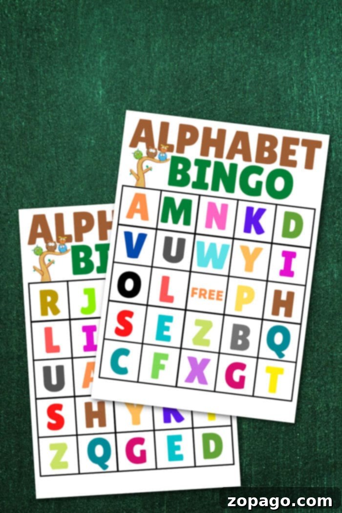 Printable Alphabet Bingo Fun 3 Two vibrant alphabet bingo cards rest on a green textured background, ready for your next game.