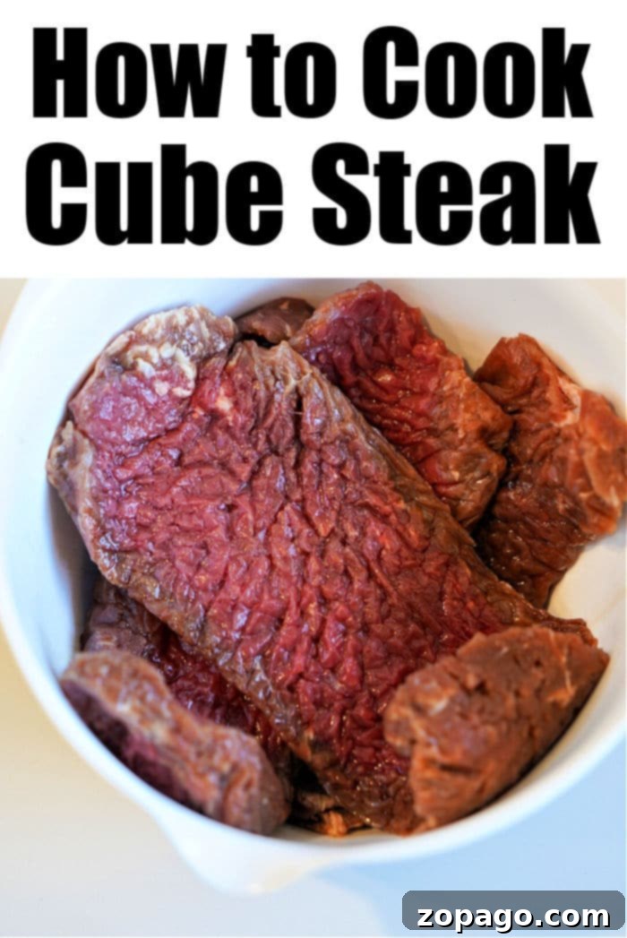Easy Air Fryer Cube Steak 5 Raw cube steak in a white bowl, with text How to Cook Air Fryer Cube Steak at the top.