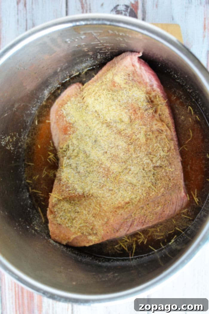 Tender Pressure Cooker Brisket 5 Raw brisket with seasoning sits in a metal pot, ready for transformation into a tender delight, perfect for your pressure cooker brisket recipe.