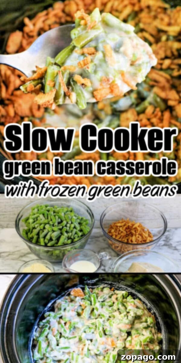 Effortless Slow Cooker Green Bean Casserole 10 Spoonful of slow cooker green bean casserole above the dish, with prep ingredients and casserole in a slow cooker below.