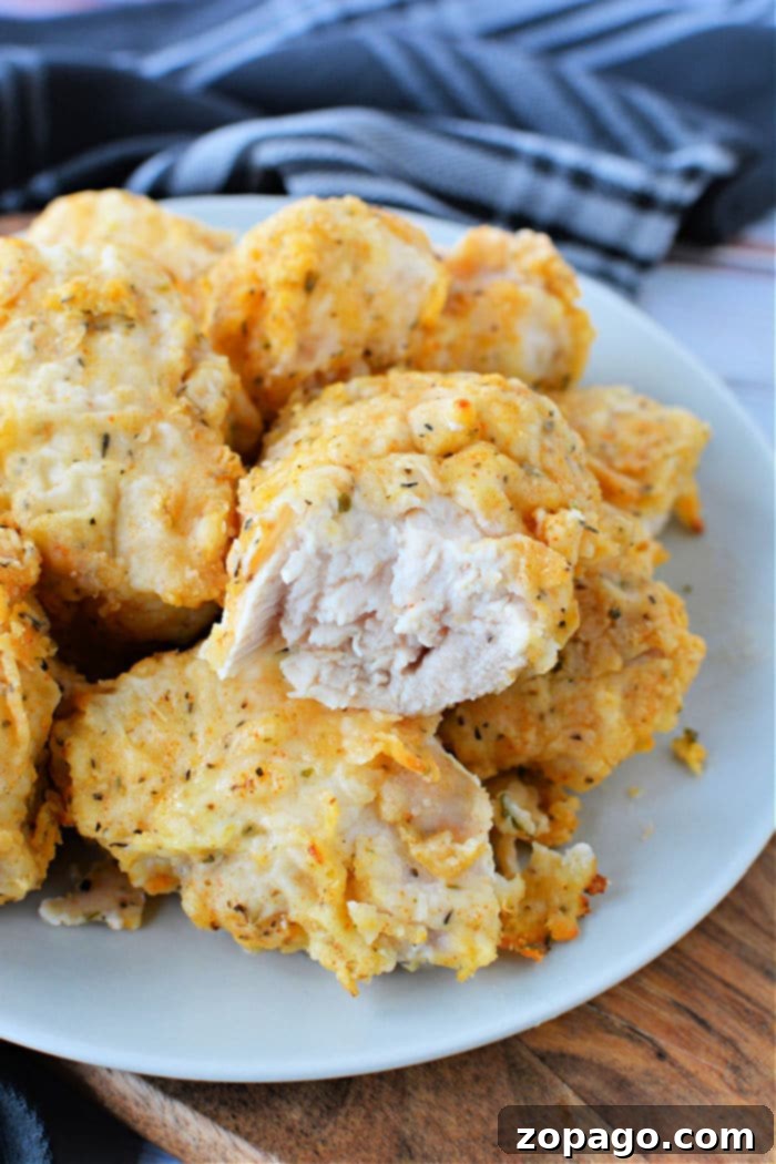 Crispy Air-Fried Chicken Breast 2 A plate of freshly cooked, golden-brown chicken revealing the juicy, tender interior of air fryer fried chicken breast. A cloth napkin adorns the background.