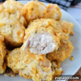 Crispy Air-Fried Chicken Breast 5 Plate of golden, crispy air fryer chicken nuggets with one piece showing juicy white meat inside.