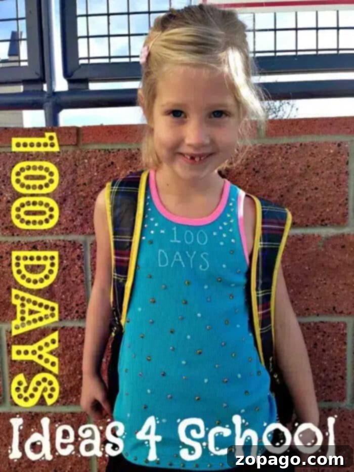 Inspiring 100th Day School Shirt Designs 2 A smiling girl in a blue shirt featuring 100 DAYS text, wearing a backpack and standing against a brick wall, embodies one of the creative 100-days-of-school shirt ideas.