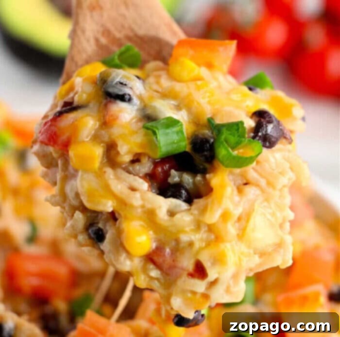 Instant Pot Fiesta Chicken and Rice 11 A wooden spoon holds cheesy rice with black beans, corn, and diced tomatoes, garnished with green onions—an instant pot Mexican chicken and rice delight.
