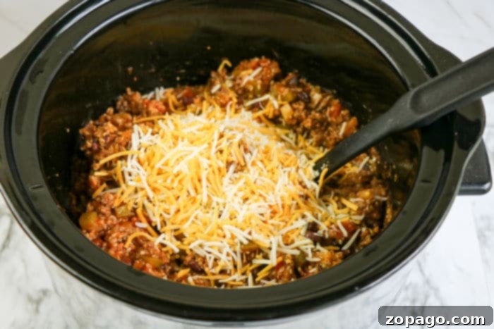 Easy Slow Cooker Enchilada Casserole 6 Serving of Crockpot Mexican casserole in a bowl, showing the hearty texture of ground beef, beans, and melted cheese, ready to be topped.