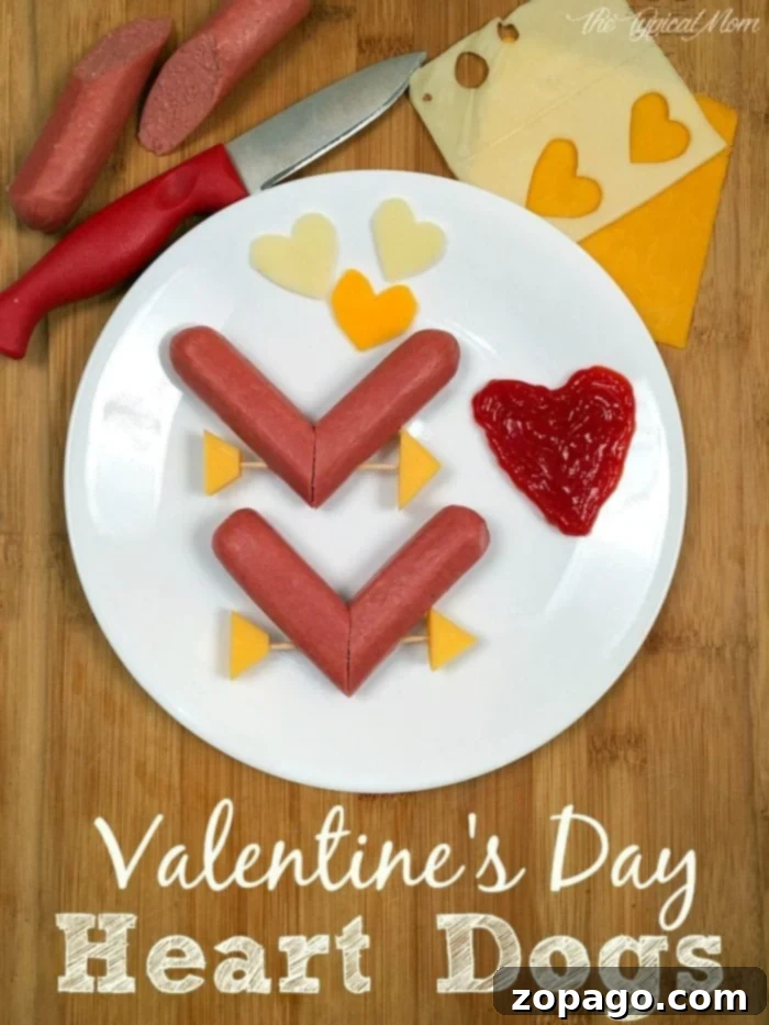 Heart Hot Dogs: The perfect inexpensive and cute Valentine dinner idea for kids, complete with fun Valentine craft inspiration. Adorable heart-shaped hot dogs for a kids' Valentine's Day dinner